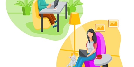 Powiększ grafikę: Na górze na zielonym tle jest Pani, która pracuje na laptopie. na dole na pomarańczowym tle jest Pani, która na kolanach ma laptopa, obok niej jest biały kot.